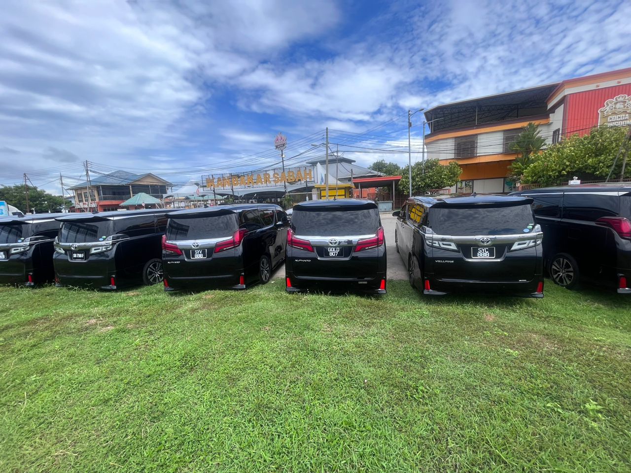 Rear view of ZahraGO's Toyota Alphard and Vellfire fleet parked on grass in Sabah